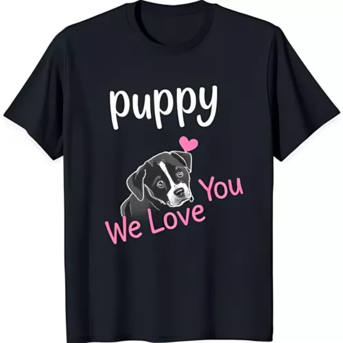 Adorable Black TShirt with 'Puppy We Love You' Graphic & Heart Design