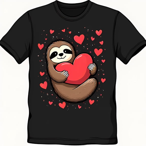 Adorable Black T-Shirt with Sloth and Heart Graphic Cute Casual Wear
