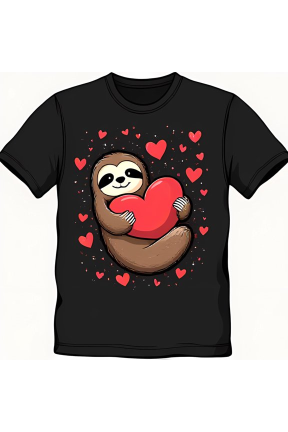 Adorable Black T-Shirt with Sloth and Heart Graphic Cute Casual Wear