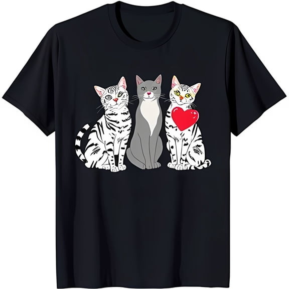 Adorable Black T-Shirt with Three Cats Silver Tabby & Heart Graphic