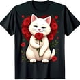 thumbnail image 1 of Adorable Black T-Shirt with White Cat & Red Rose Heart Graphic for Cat Lovers, 1 of 5