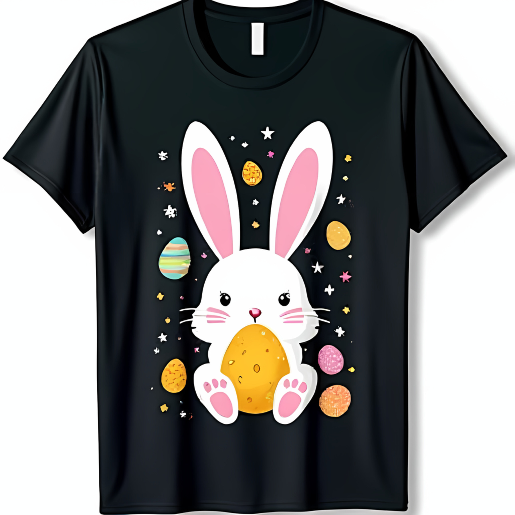 Adorable Black TShirt with White Easter Holding Yellow Egg & Colorful