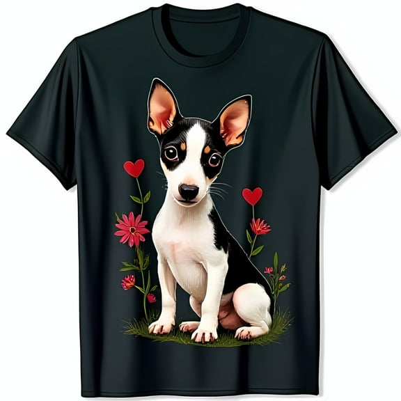Adorable Black and White Dog with Big Ears in Flower Field T-Shirt