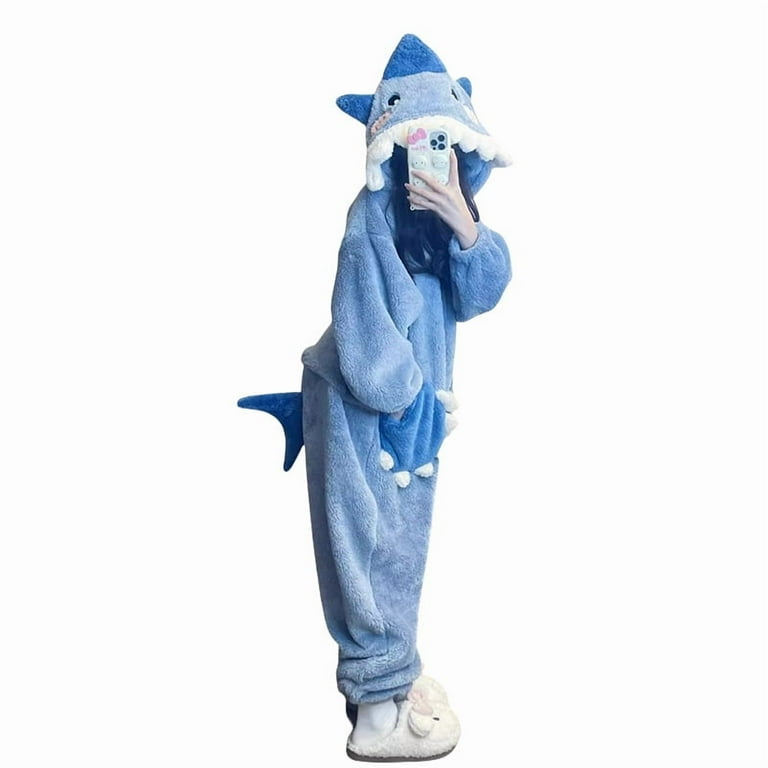 Adorable Blue Shark Onesie Pajamas,Fluffy Hooded Sleepwear for