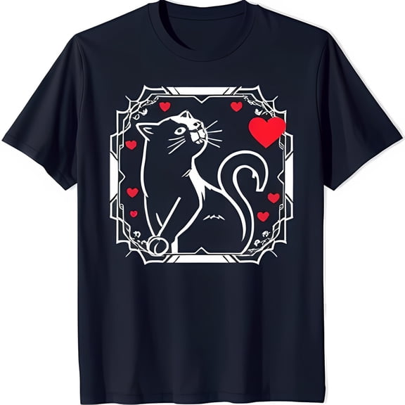Adorable Blue T-Shirt Featuring White Cat with Heart & Red Hearts Design