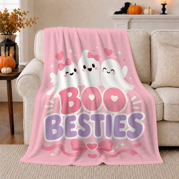 Adorable Boo Besties Ghosts Pink Hearts Playful Halloween, Festive Halloween Scene, Warm Flannel Blanket for Living Room and Reading Nook, Art Lovers Halloween Gift, Festive Home Decor