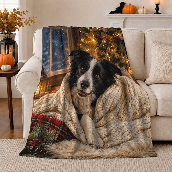 Adorable Border Collie Dog Wrapped Chunky Knit, Festive Pet Portrait Pattern, Warm Flannel Blanket for Living Room and Bedroom, Dog Lovers Just Because Gift, Pet Lover Home Decor