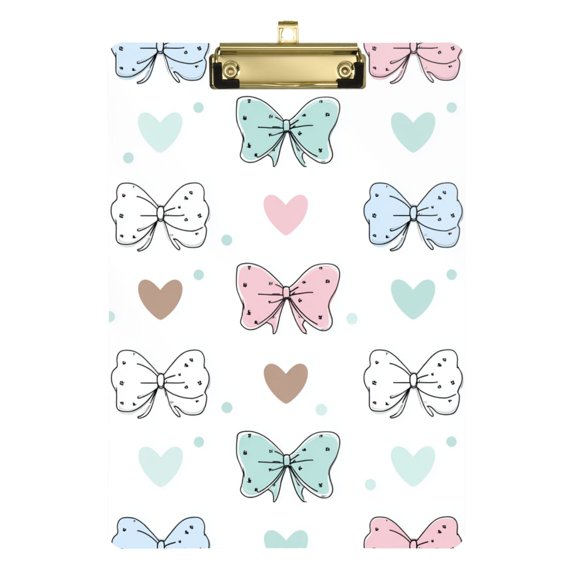 Adorable Bows Hearts Dots Valentine Acrylic Clipboard Drawing Board with Hook Writing Pad File Storage A4 Size Gold 12.5" x 9"
