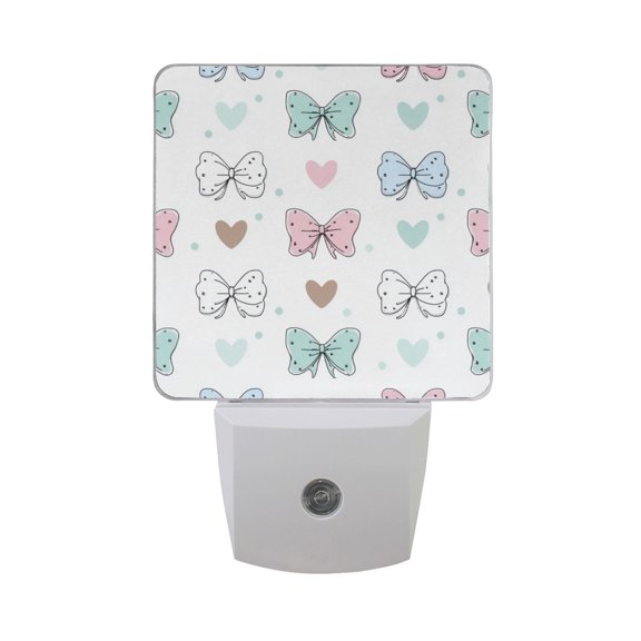 Adorable Bows Hearts Dots Valentine LED Night Light Sensor Lamp Plug-in Adjustable Brightness 2 Pack