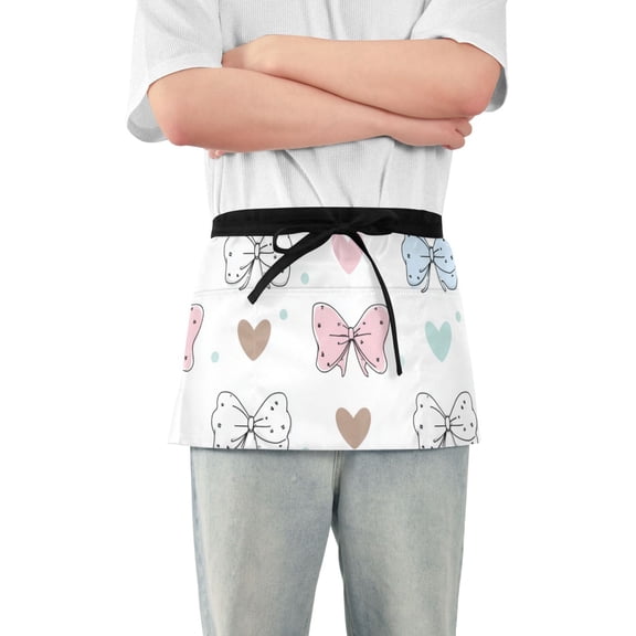 Adorable Bows Hearts Dots Valentine Short Server Apron with 3 Pockets for Unisex Chef Gardening