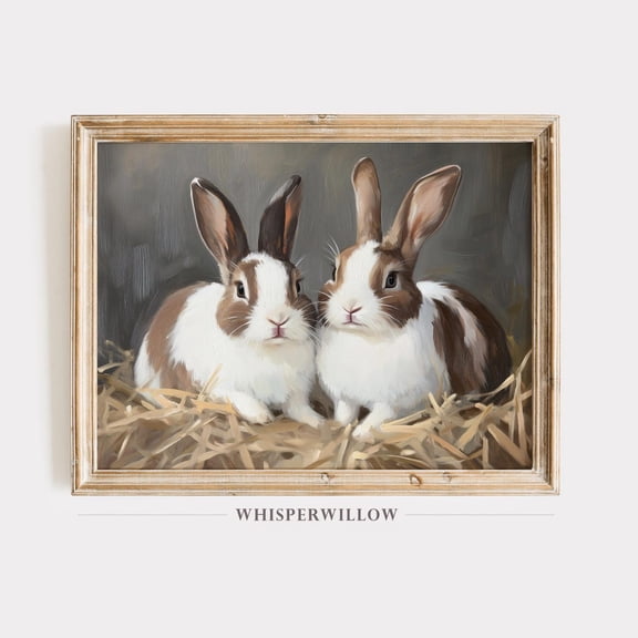 Adorable Brown and White Dutch Rabbits,, Cute Bunny Animal Art, Rustic Farmhouse Wall Decor, Modern Cozy Unframed Paper Print