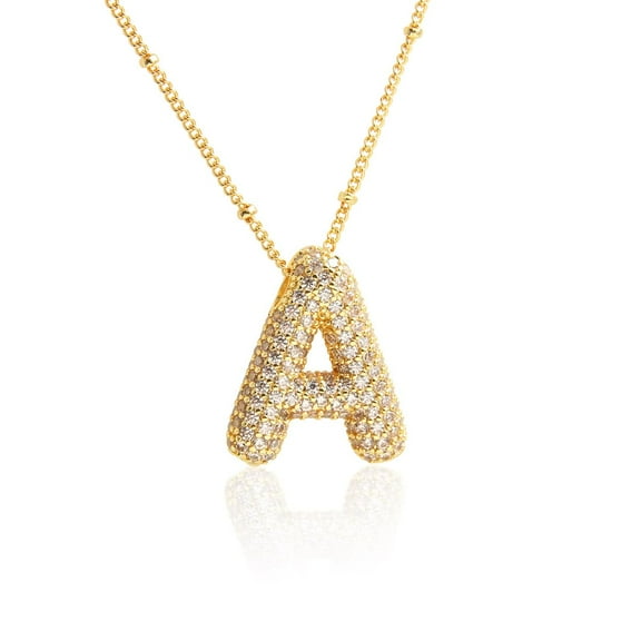Adorable Bubble Letter A Pendants Chain Necklace Gold Plated Cubic Zirconia Initial Choker Puffy Design Monogram Necklace|The Cutest Bubble Initial Necklace with Gold Plated Cubic Zirconia