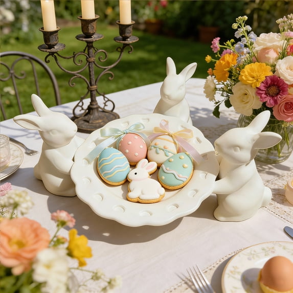Adorable Bunny Ceramic Tray, Easter Decorative Dessert Stand & Snack Platter for Spring Table Decor