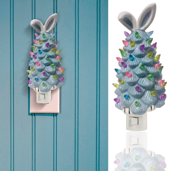 Adorable Bunny Ear Ceramic Tree Night Light - Multicolor LED Lights, Easter & Spring Themed Plug-in Decorative Nightlight for Bedroom, Bathroom, Hallway, Cute Seasonal Home Decor