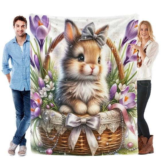 Adorable Bunny in Flower Basket Print Flannel Blanket Soft Warm Cozy Skin-Friendly All-Season Gift Blanket for Sofa Bed Car Camping Office Charming Home Decor Knit Fabric Rabbit Accessories