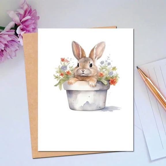 Adorable Bunny in Flower Pot Greeting Card Perfect for Easter, Birthdays, and Special Occasions Envelope Included, Blank Inside for Personal Messages