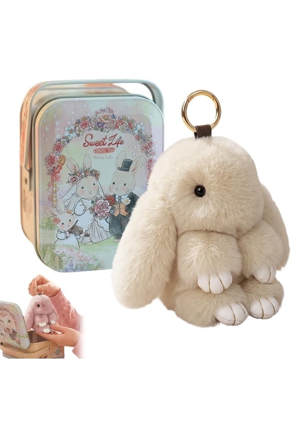 Adorable Bunny Keychain with Tin Box, Soft Fluffy Plush Rabbit Keychain, Cute Easter Gift for Bag Decoration and Keys