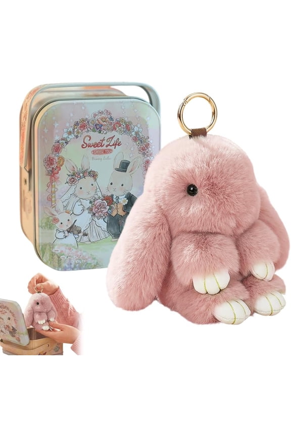 Adorable Bunny Keychain with Tin Box, Soft Fluffy Plush Rabbit Keychain, Cute Easter Gift for Bag Decoration and Keys