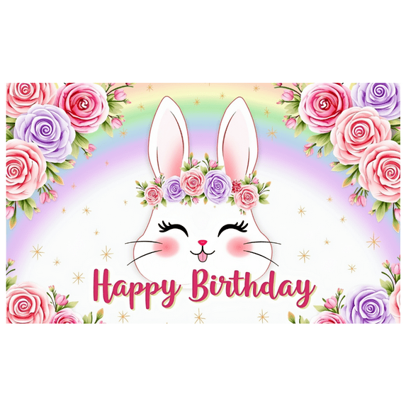 Adorable Bunny Themed Happy Birthday Banner with Floral Decorations and Rainbow Background for Birthday Parties Photography Props Party Supplies Decors