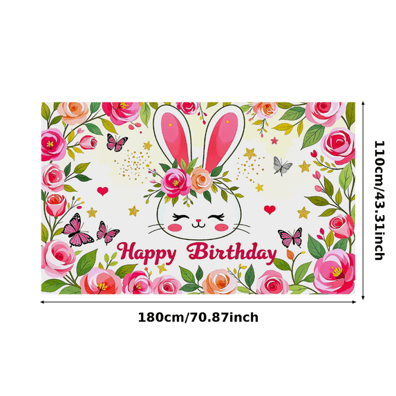 Adorable Bunny Themed Happy Birthday Banner with Floral Butterfly Decors Party Backdrop Photography Props Birthday Party Decorations Background