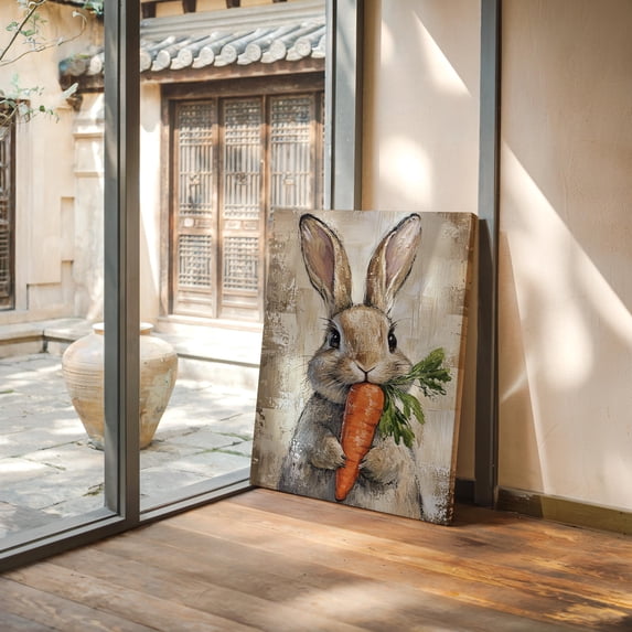 Adorable Bunny With Carrot Poster Whimsical Farmhouse Animal Art Rustic ...