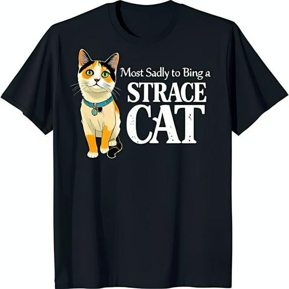 Adorable Calico Cat Graphic Black T-Shirt with Fun 'Strace Cat' Text