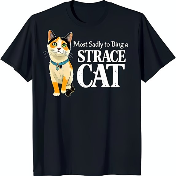 Adorable Calico Cat Graphic Black T-Shirt with Fun 'Strace Cat' Text