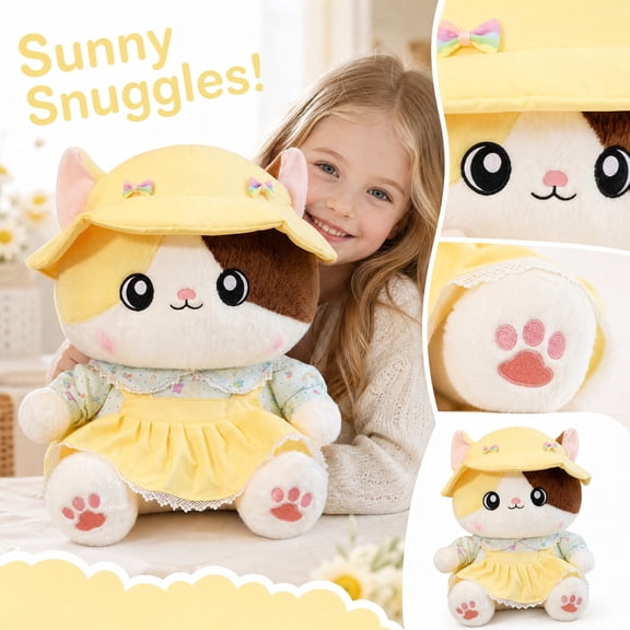 Adorable Calico Cat Plush Decor Ornament, Soft Fluffy Stuffed Kitty Figurine with Yellow Hat & Dress, Cozy Sofa Desk Companion & Handmade Holiday Gift
