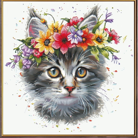 Adorable Calico Cat Wear Flower Wreath DIY 11CT Stamped Cross Stitch Kits for Beginners Easy Needlepoint Embroidery Counted Cross Stitch Art Craft for Wall Decoration 16x16inch(6)