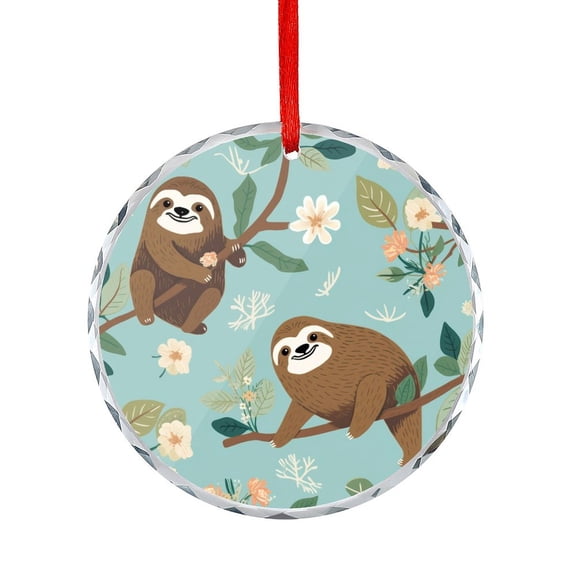 Adorable Cartoon Animal Sloth On Tree Branch Flowers Leaves Jungle Crystal Glass Christmas Ornament Xmas Tree Decorations Cute Sloths Adorable Cartoon Animal Glass Round Ornaments