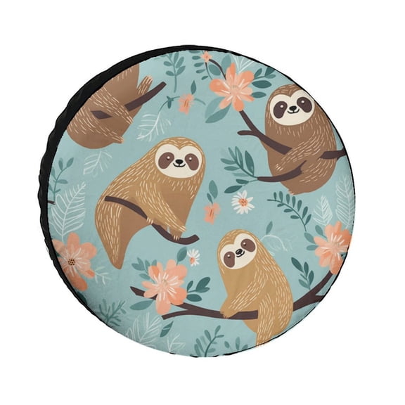 Adorable Cartoon Animal Sloth On Tree Branch Flowers Leaves Jungle Spare Tire Cover Darling Sloth Themed Christmas Holiday Waterproof Sun Protection for Camper Truck Travel Trailer 13inch