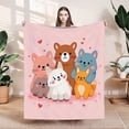 thumbnail image 1 of Adorable Cartoon Animals Flannel Blanket - Soft Cozy Warm Design with Brown Bear Blue & White Cats Orange Dog on Pink Heart Background, 1 of 7