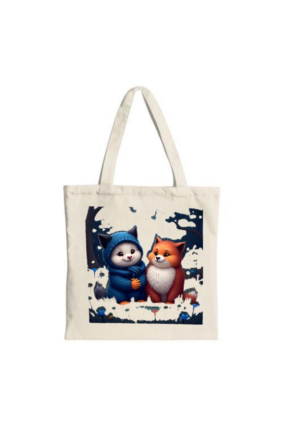 Adorable Cartoon Animals Tote Bag - Blue & Orange Friends in Whimsical Forest with Trees & Musical Notes - Perfect for Shopping & Travel