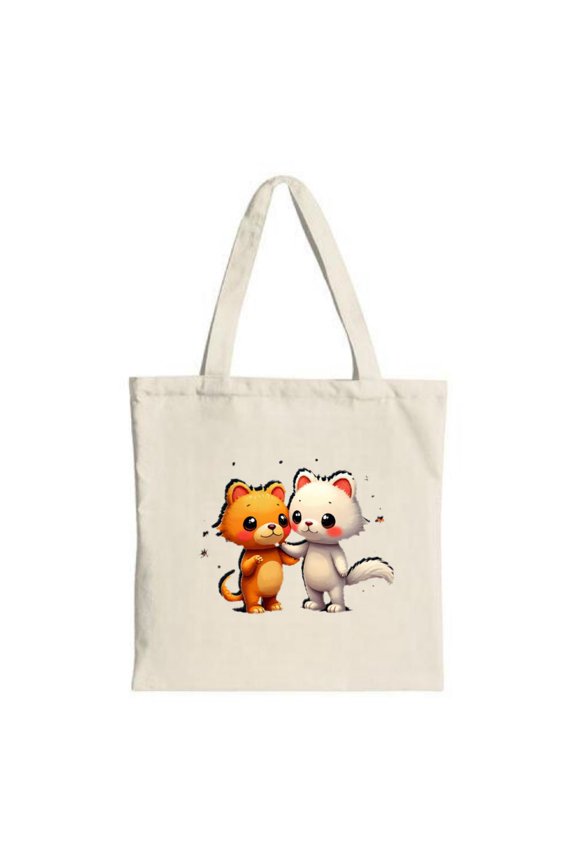 Adorable Cartoon Animals Tote Bag - Orange & White Friends Design Perfect for Shopping Travel & Parties Eco-Friendly Canvas