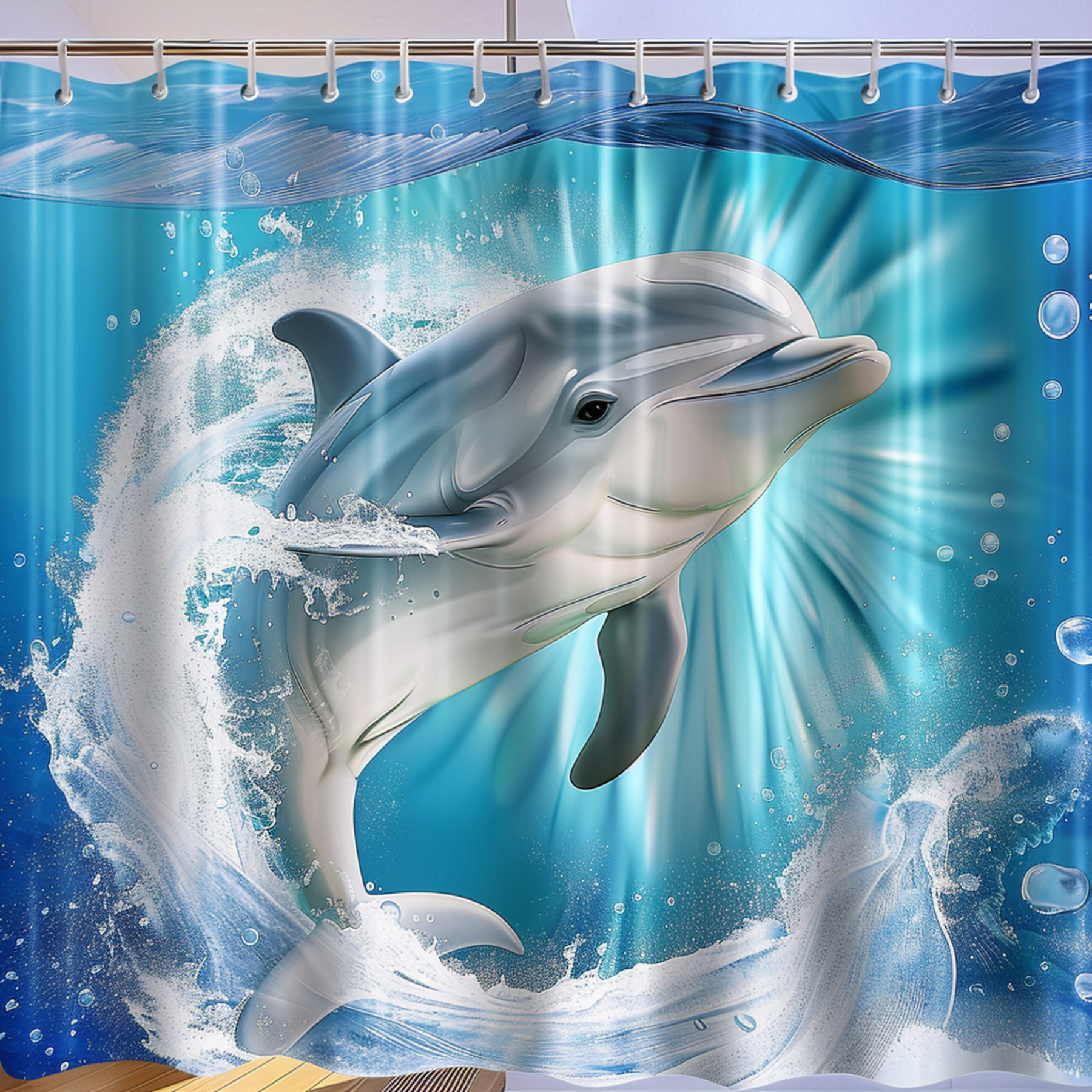 Adorable Cartoon Baby Dolphin Shower Curtain Realistic Details Blue Ocean Wave Background 8K