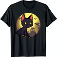 thumbnail image 1 of Adorable Cartoon Bat Graphic on Black T-Shirt with Full Moon & Trees, 1 of 5