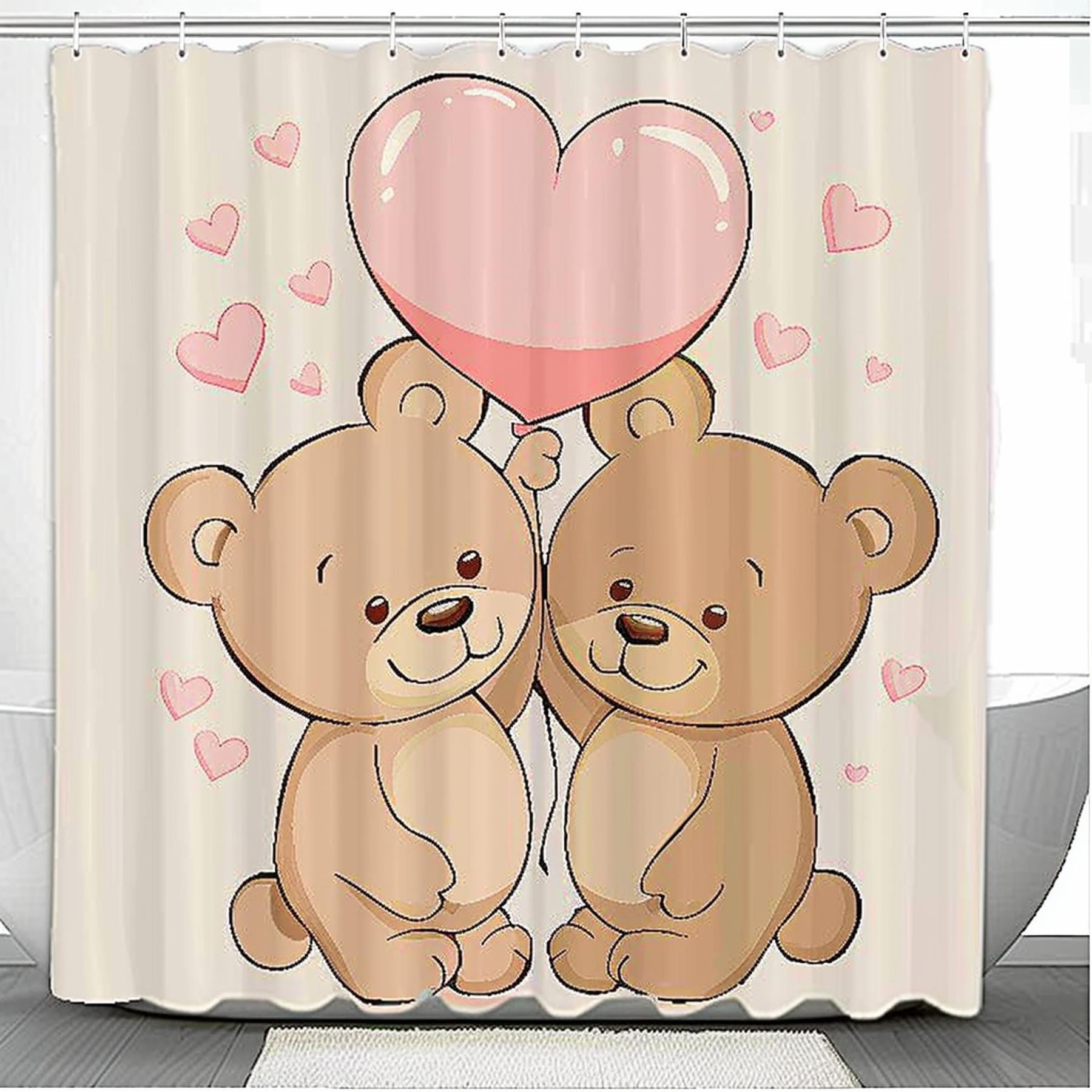 Adorable Cartoon Bear Couple Shower Curtain Pink and Beige Heart ...