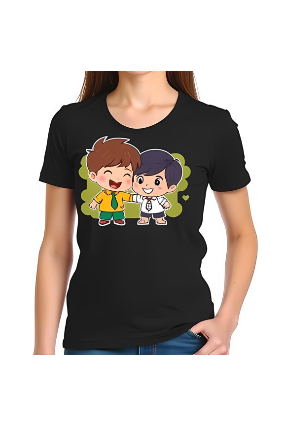 Adorable Cartoon Boys Embrace T-Shirt Heartwarming Friendship Design on Green Background