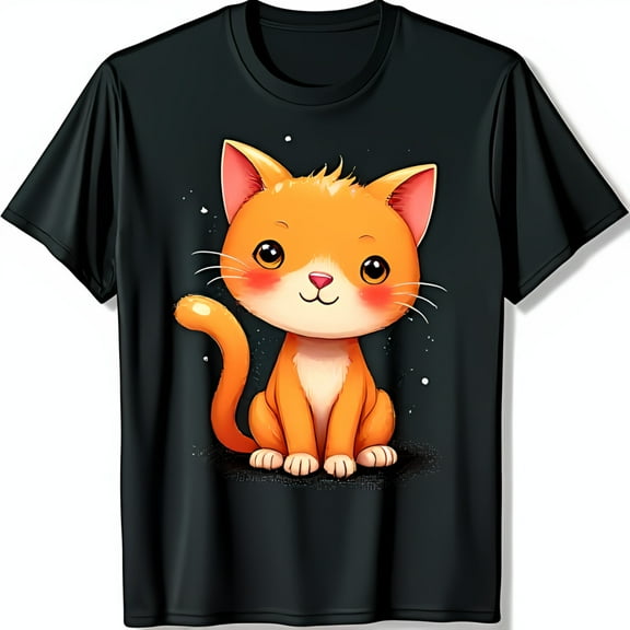 Adorable Cartoon Cat Black T-Shirt for and Adults Soft