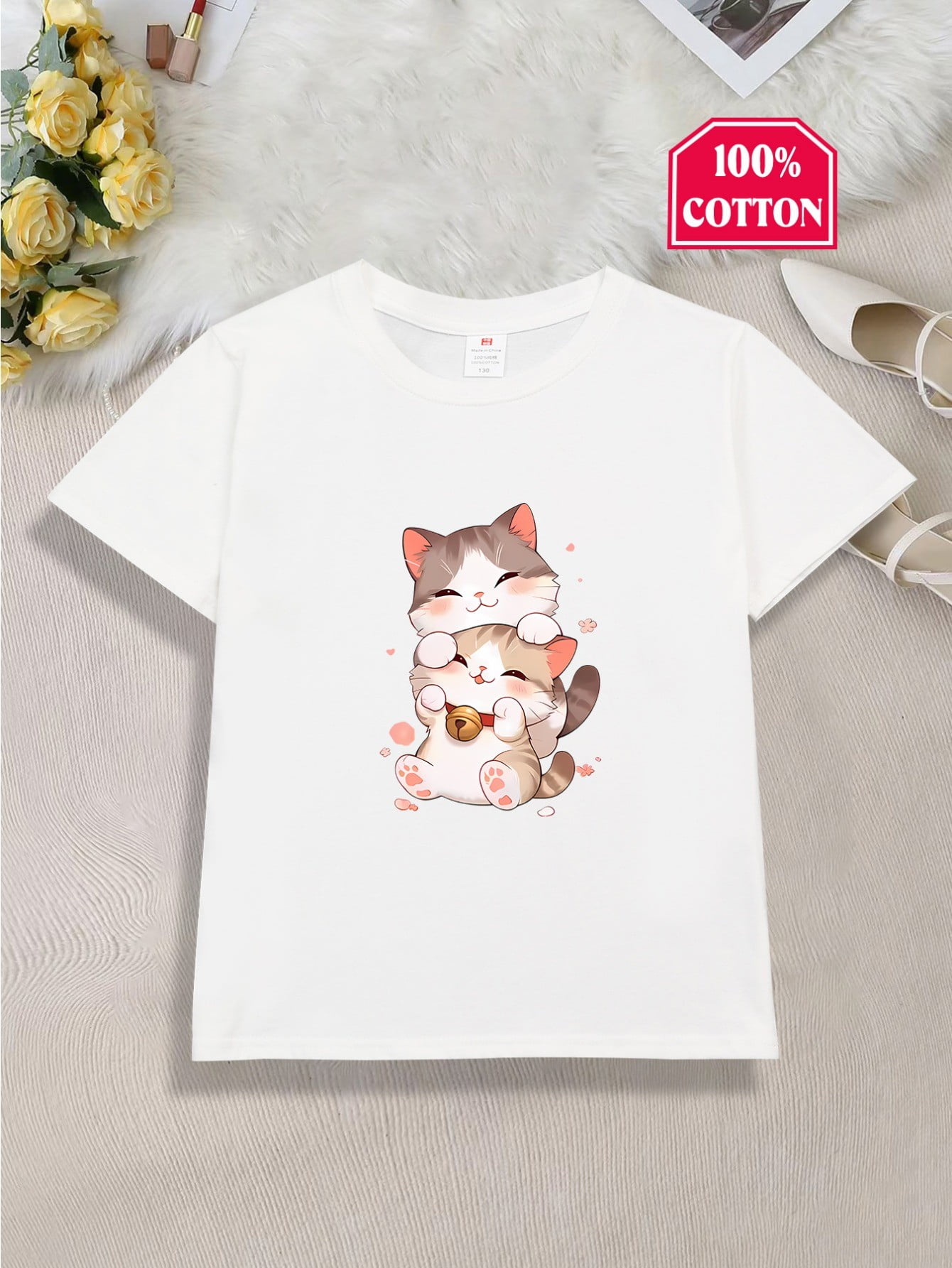 Adorable Cartoon Cat Print Girls' TShirt 100 Cotton, Comfy Short
