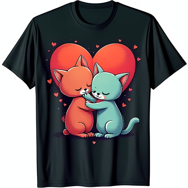 Adorable Cartoon Cats Embracing with Heart Graphic Black TShirt Cute