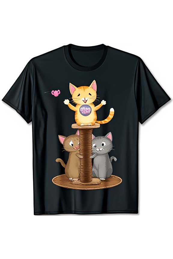 Adorable Cartoon Cats Playing on Scratching Post Black T-Shirt Cute Cat Lover Tee