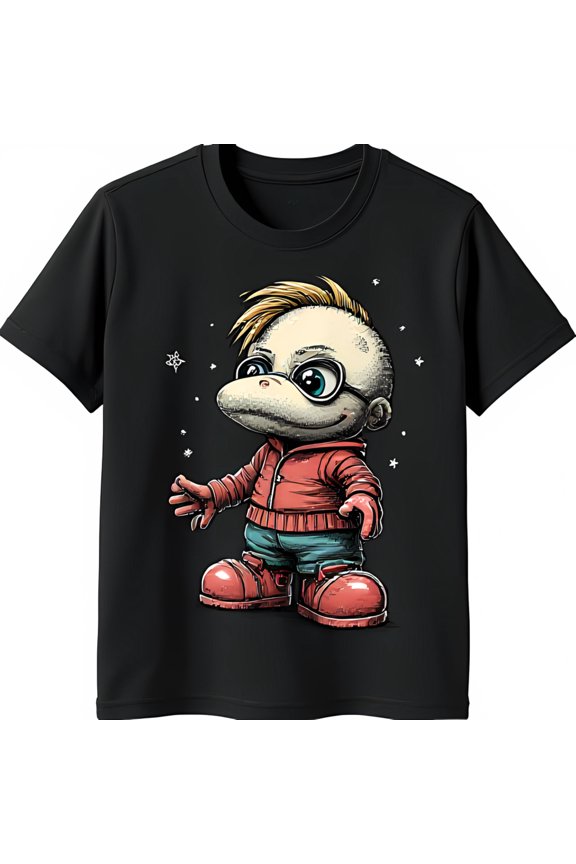 Adorable Cartoon Character T-Shirt White Furred Humanoid in Red & Glasses on Black Background with Stars