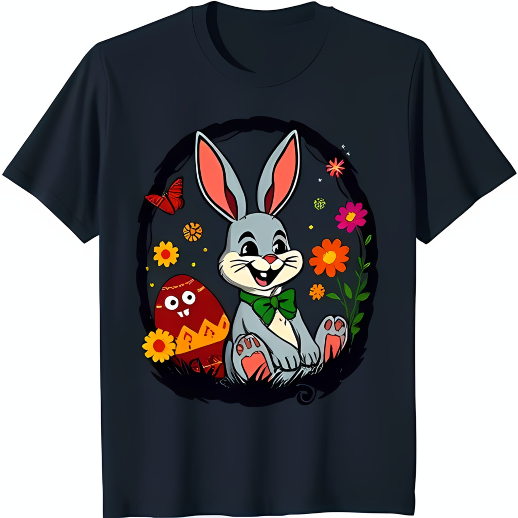Adorable Cartoon & Colorful Easter Egg Graphic on Black TShirt