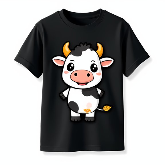 Adorable Cartoon Cow Black T-Shirt White & Black Spotted Design with Happy Expression