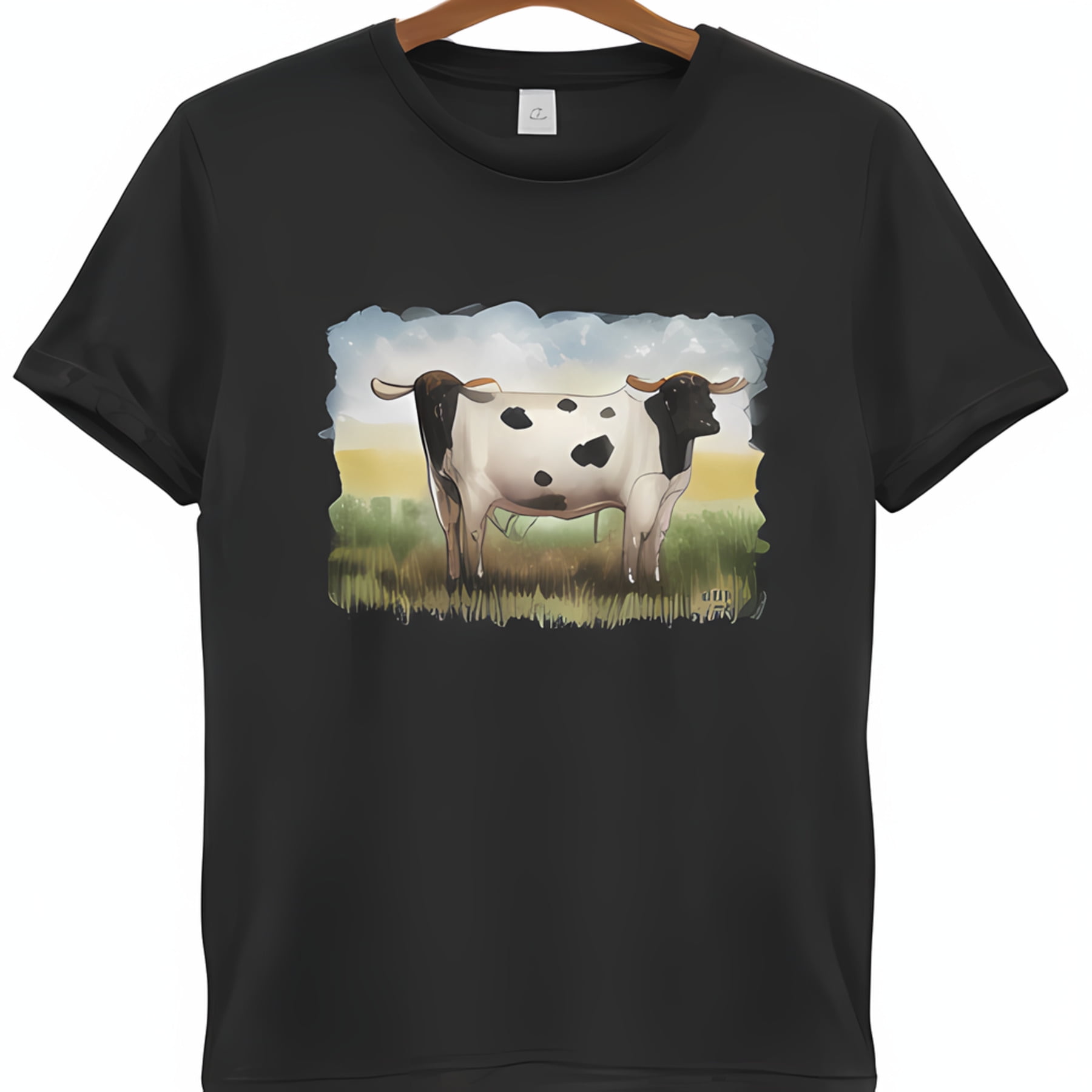 Adorable Cartoon Cow TShirt Cute Animal Print on Black TShirt with