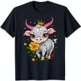 Adorable Cartoon Cow with Crown & Flowers Graphic on Black TShirt