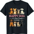 Adorable Cartoon Dogs Graphic on Dark Blue TShirt 'HAPPY DOG' Design