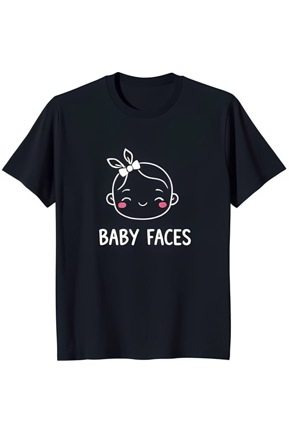 Adorable Cartoon Face T-Shirt with Pink Cheeks & Bow ' Faces' Design on Black Tee