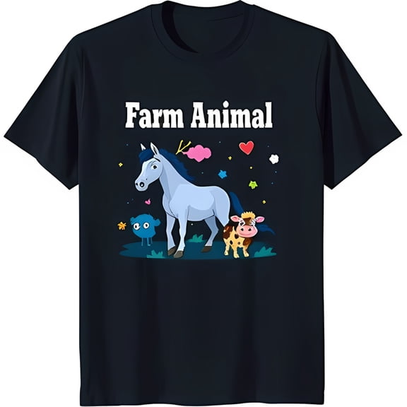 Adorable Cartoon Farm T-Shirt Blue Horse Cow & Bird Design with Hearts & Stars